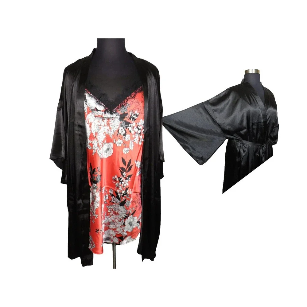 Secret Treasures Floral Satin Chemise & Black Kimono Style Robe, Plus Size 3X - Picture 1 of 11